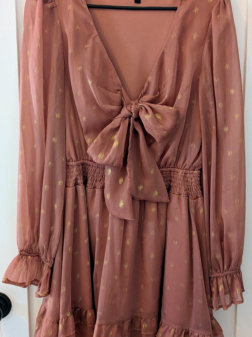 Rust Pink Long-Sleeve Tie-Front Dress with Gold Dot Detail